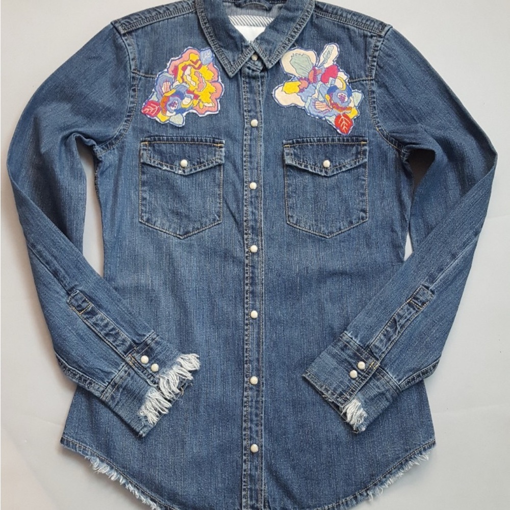Zara Denim Shirt with Colorful Embroidery